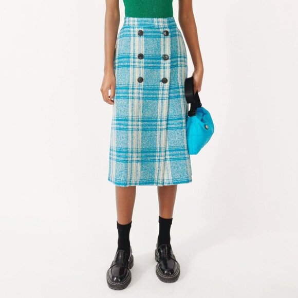 New Baum Und Pferdgarten Sue Plaid Tweed Wrap Midi Skirt Turquoise 36, 4 $249 - Picture 1 of 8